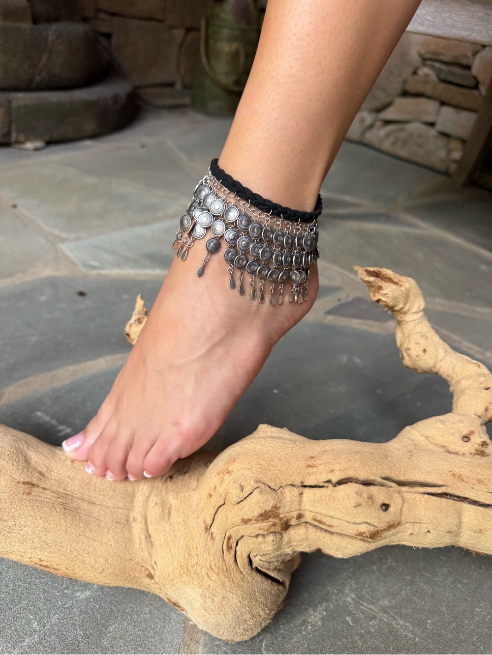 New🌟Free People-Boho Silver Coin Fringe Bracelet/Anklet with Black Braided Band